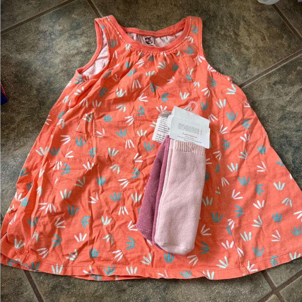Tea Collection Coral Dress with Floral Pattern and Pink Socks